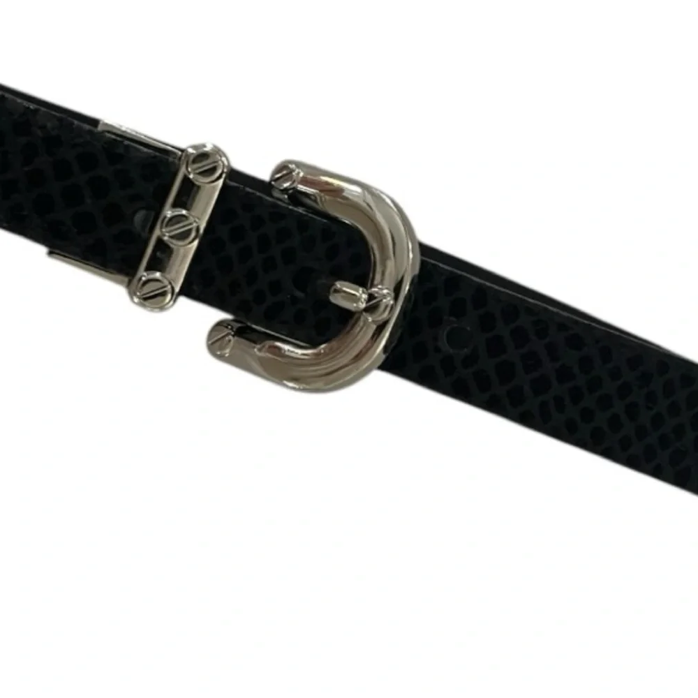 Michael Kors black leather belt thin 3/4” buckle silver snake embossed Size M